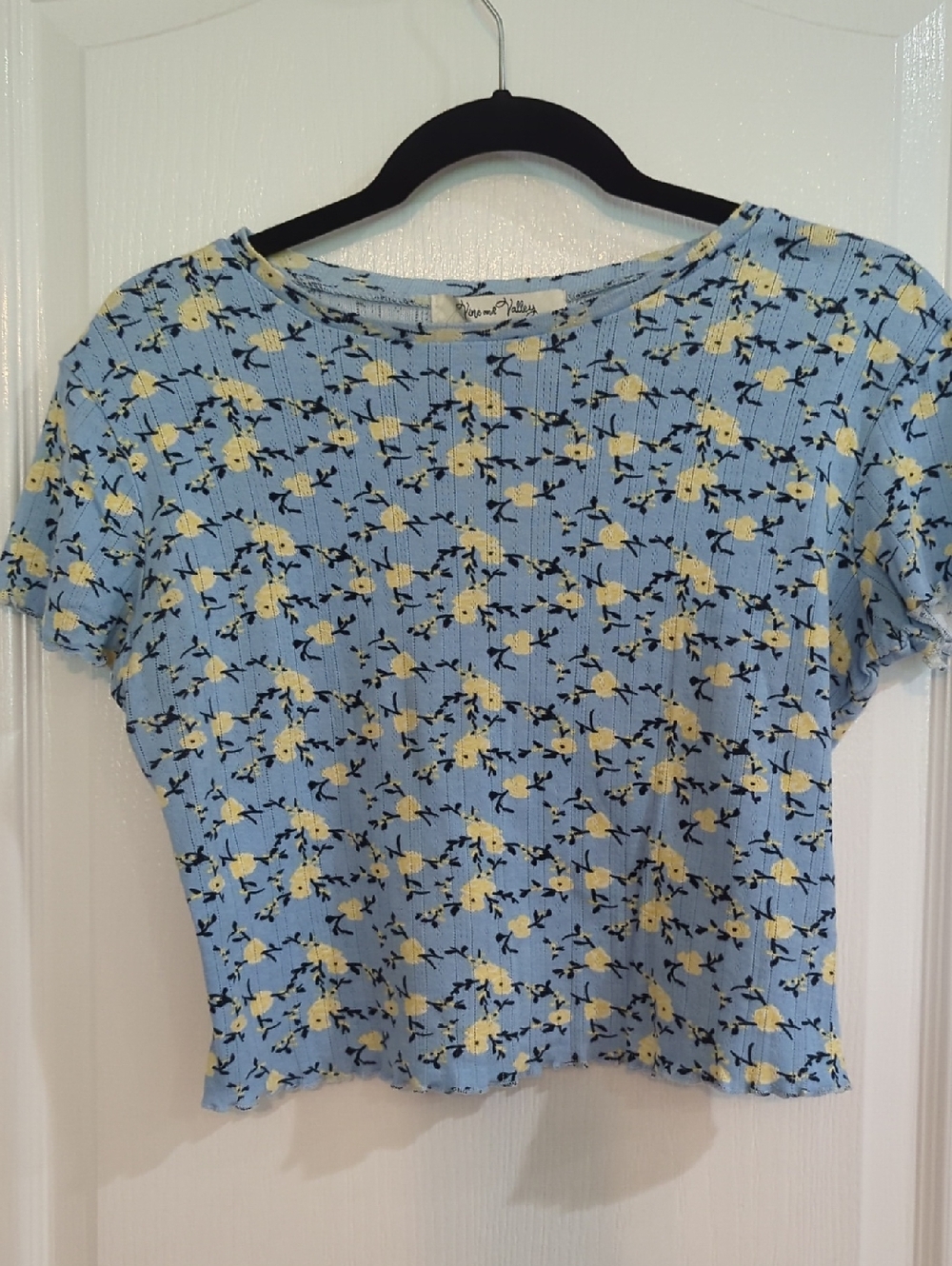 NWOT Vine And Valley Light Blue Floral Short Sleeve Ribbed Top Sz L